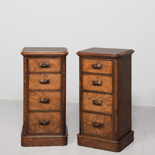 Pair Of Mid-Victorian Neat-Sized, Figured Walnut Slim Chests Of Drawers