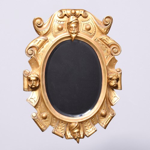 Rare Middle-East Design, Victorian Carved Giltwood Beveled Oval Mirror