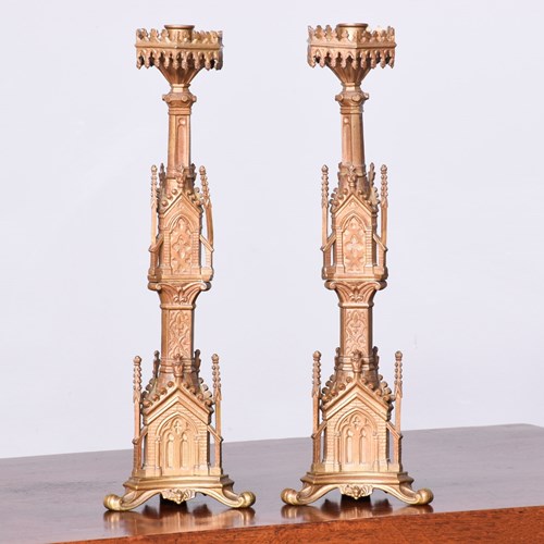 Pair Of Gilded Pugin Style Gothic Candlesticks Of Architectural Form 