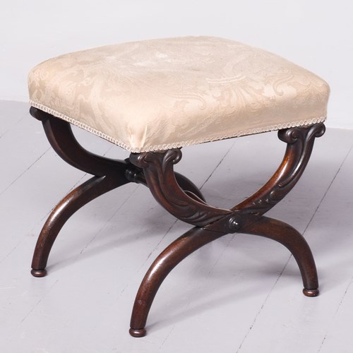 Early Victorian X Framed Mahogany Upholstered Stool