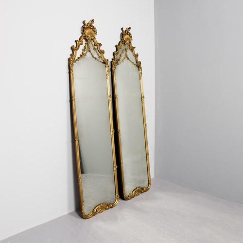 Rare Pair Of Original 19Th-Century Tall, Gilded Pier Mirrors Of Exceptional Qual