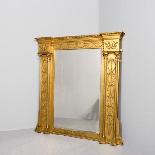 Large Giltwood Neoclassical Style 19Th-Century Overmantel Mirror With Neoclassic