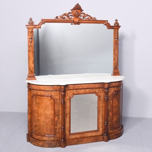 Marquetry Inlaid Marble-Top Mirror-Back Victorian Figured Walnut Sideboard