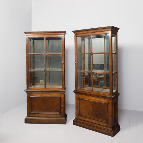 Rare Pair Of Tall Neo-Classical Style Part-Glazed Display Walnut Cases