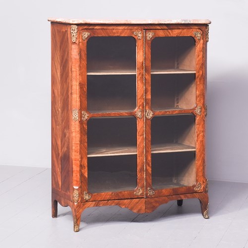 Mid-19Th Century French Figured Walnut Marble Topped Bookcase/Cabinet