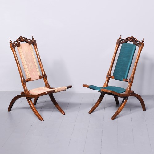 Rare Pair Of Folding Victorian Gothic Influenced Walnut Drawing Room Chairs