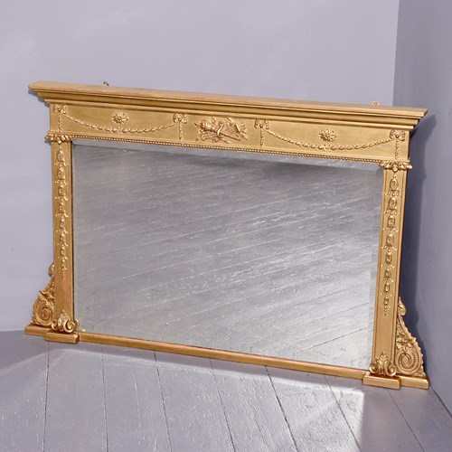 Neat Size Regency Gilded Overmantel Mirror With Neoclassical Decoration