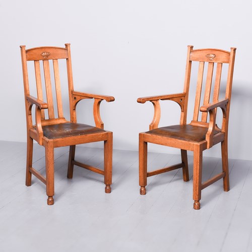 Stylish Pair Of Large Oak Arts And Crafts Elbow Chairs