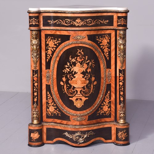 Serpentine Fronted Marble Topped Marquetry And Brass Inlaid Cabinet