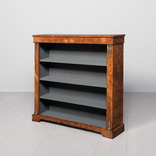Victorian-Style Inlaid Burr Walnut Open Bookcase With Three Shelves