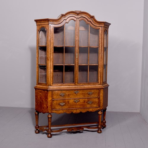 Quality, 19Th Century Dutch Burr Walnut Display Case/Bookcase With Canted Sides 