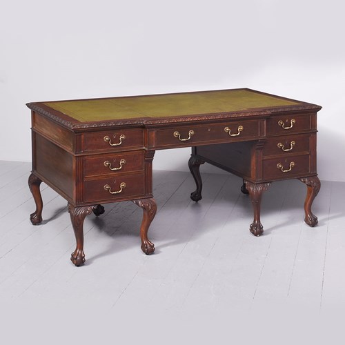 Large Late Victorian Chinese Chippendale-Style Mahogany Breakfront Desk