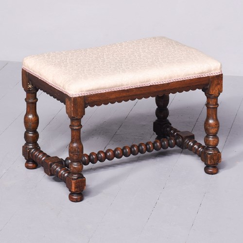 Jacobean-Style Upholstered, Oak Turned-Leg Stool