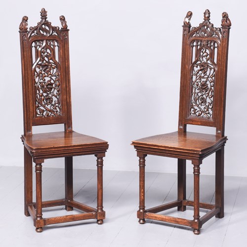 Pair Of Gothic Style Carved Oak Chairs