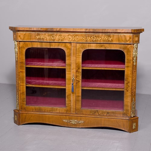 Victorian Figured Walnut Marquetry Inlaid Two-Door Glazed Cabinet