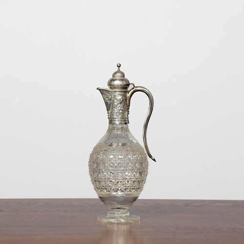 Rare Victorian, Hall-Marked 1882 Silver-Mounted Cut-Crystal Claret Jug