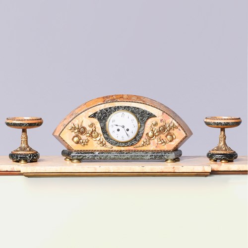 3 Piece Marble And Brass Art Deco Clock Set