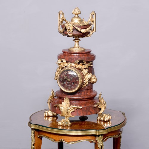Large French Gilt Rouge Marble Mantel Clock