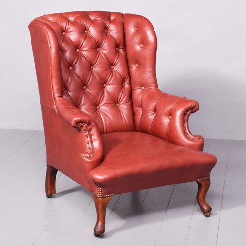 George III Style Button-Back Pale Burgundy Leather Upholstered Wing Chair