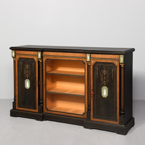 Quality Aesthetic Movement Ebonized And Inlaid Amboyna Three-Door Credenza