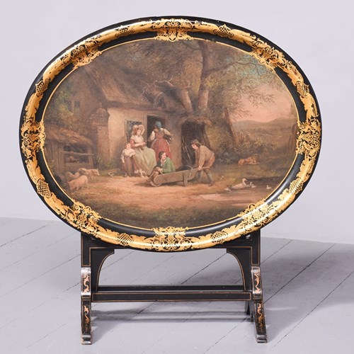 Victorian Oval Hand-Painted Paper Mâché Tray With An Ebonized And Gold Leaf Bord