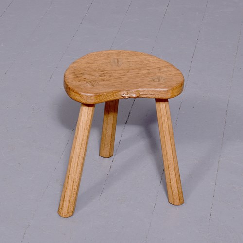 Oak Robert Thomson Mouseman Three-Legged Low Milking Stool.    