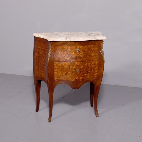 French Louis XV Style Marquetry And Parquetry Inlaid Walnut And Rosewood Marble 