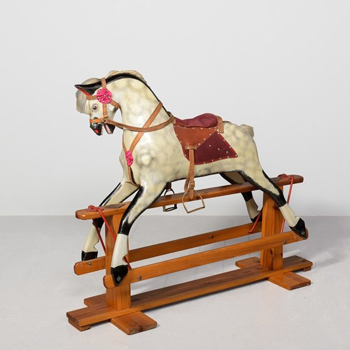 Large Wooden Dappled-Grey Rocking Horse With Leather Saddle And Real Horsehair