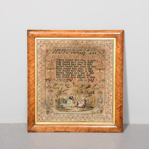 Early Victorian Dated Sampler In Birdseye Maple Frame