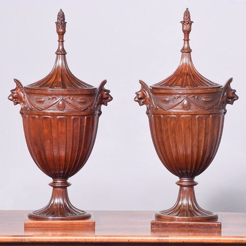 Pair Of Exhibition Quality Adam Style Carved Urns