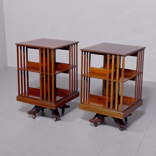 Rare Pair Of Edwardian Inlaid Mahogany Sheraton-Style Revolving Bookcases