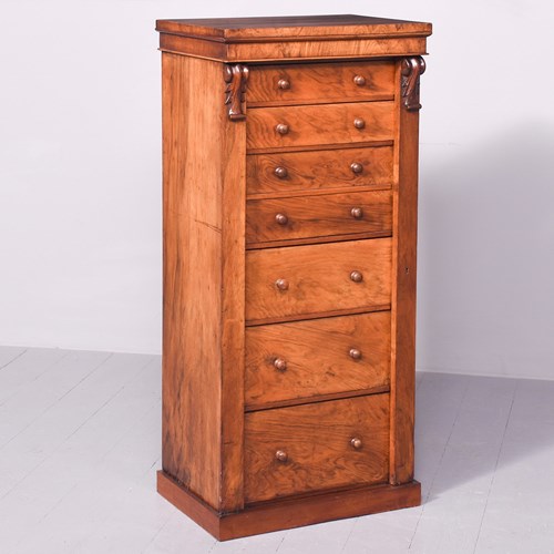 Mid Victorian Figured Walnut Secretaire Wellington Chest Of Drawers 