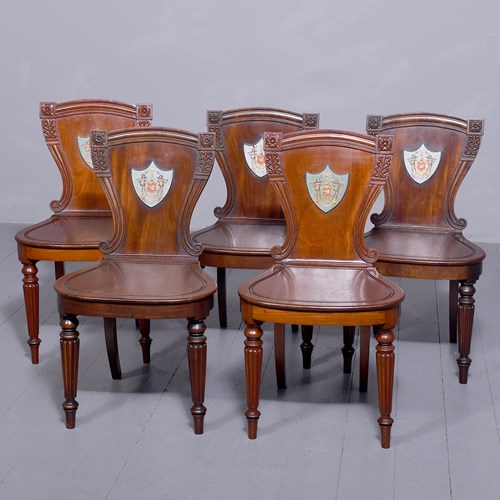 Set Of Five George IV Heraldic Mahogany Hall Chairs