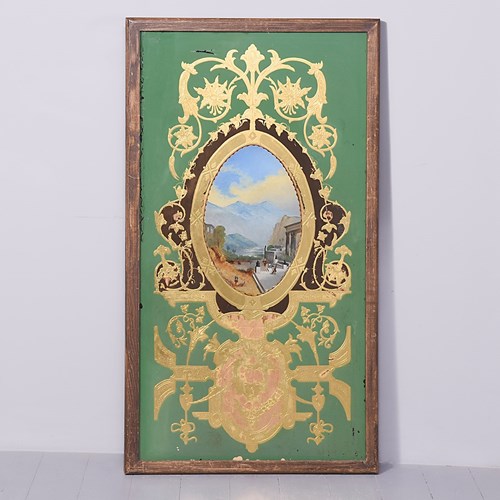 Framed Etched And Painted Glass Panel