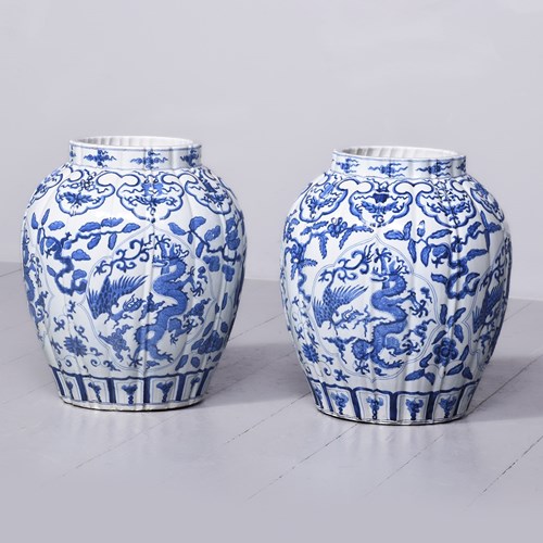 Large Pair Of Blue And White Chinese Vases