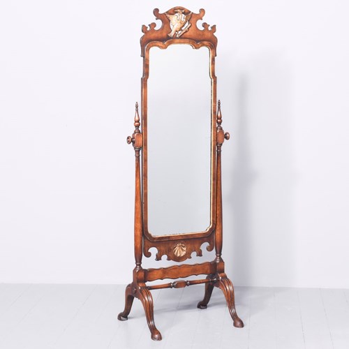Rare, Georgian-Style Gilded Walnut Tall Cheval Mirror