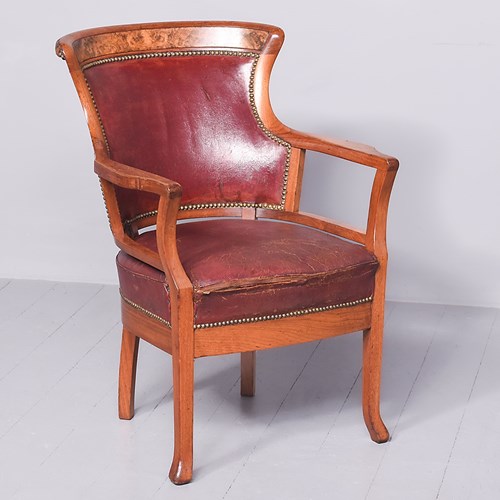 Stylish Biedermeier-Style Leather Upholstered Walnut Office Chair