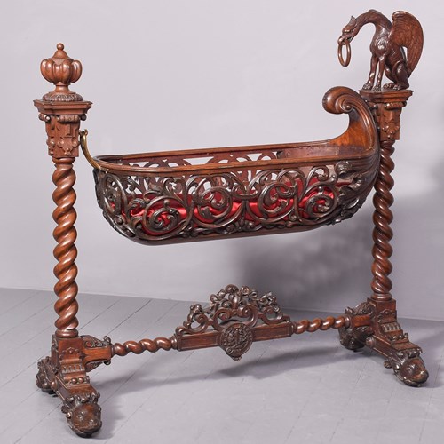 Carved Oak Swinging Crib On Stand