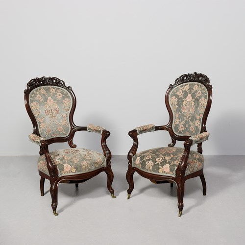 Pair Of Generously-Sized, Victorian Carved Rosewood Cabriole Leg Armchairs