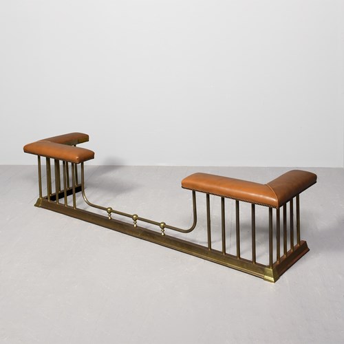 Large Brass And Leather Upholstered Club Fender