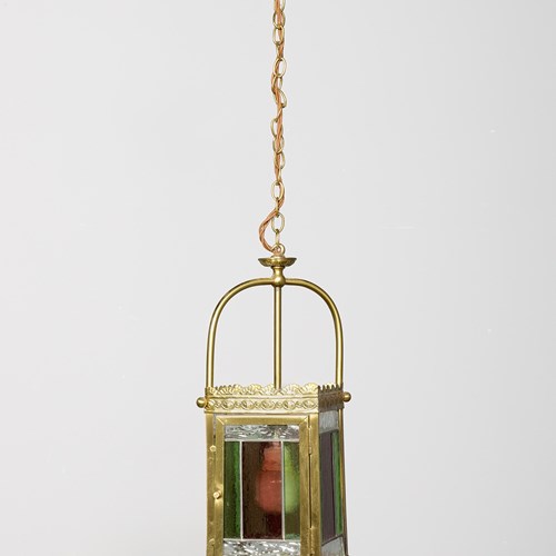 Late Victorian Brass And Stained Glass Hall Lantern In Excellent Condition