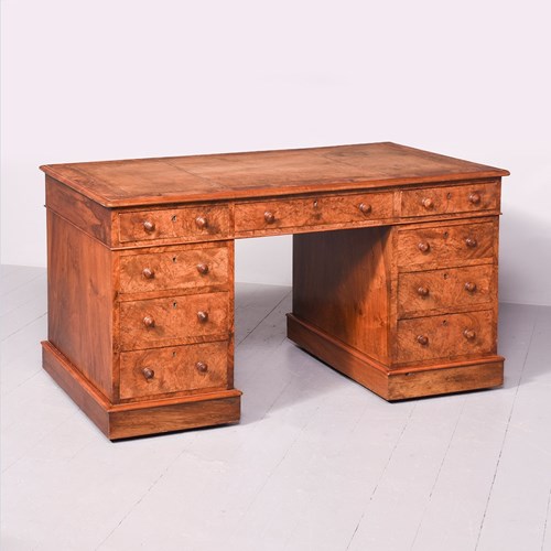  Large Mid-Victorian, Free-Standing Burr Walnut Pedestal Desk