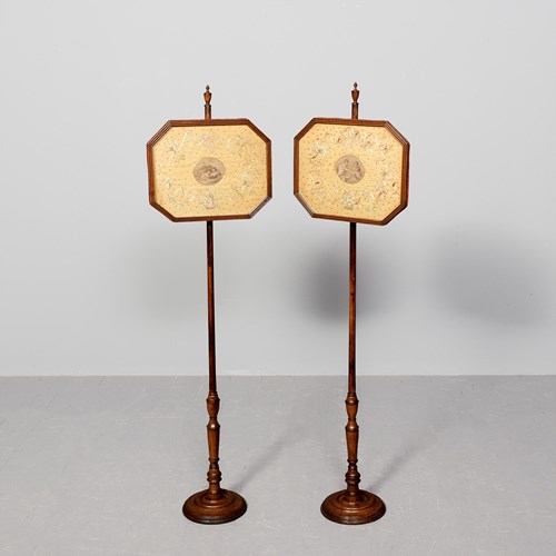 George III Embroidered Silk Poles-Screens In Octagonal Fluted Mahogany Frames