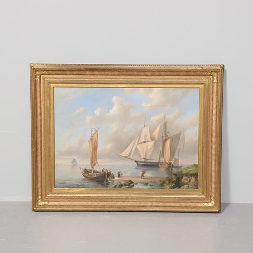 Large Gilt-Framed Oil Painting Of A Coastal Scene 