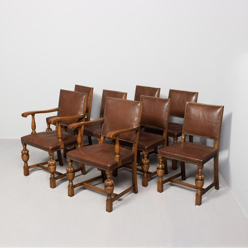Set Of 8 Oak & Leather Upholstered Jacobean Style Dining Chairs