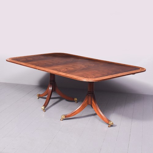 Regency-Style Inlaid Mahogany Twin-Pillar Dining Table With Two Detachable Leave