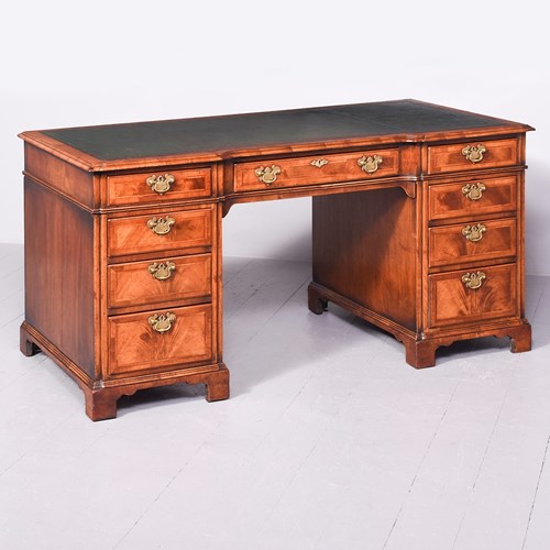 Early Georgian-Style Figured Walnut, Freestanding Kneehole Writing Desk