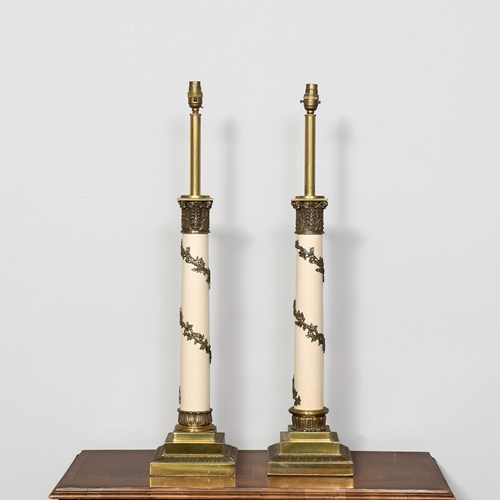 Large Pair Of Brass & Painted Corinthian Lamps