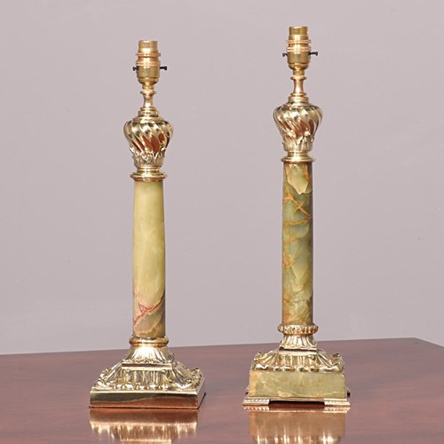 Pair Of Victorian Brass & Onyx Lamps