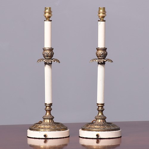 Pair Of Brass Steel And Painted Candlesticks Converted To Lamps
